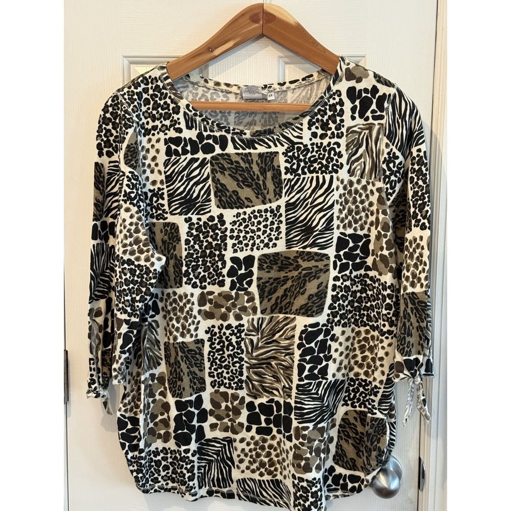 hot cotton marc ware Boho Animal Print top Size 1X  3/4‎ Sleeve USA 100% Cotton